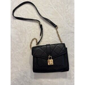 Black Quilted Faux Leather Crossbody Purse Bag Wallet Gold Chain